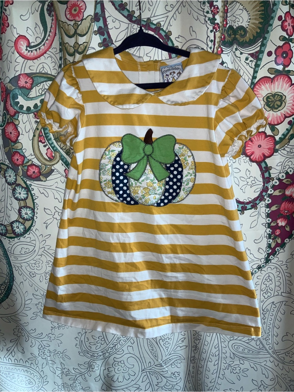 Three Sisters 4T Girls Dress Pumpkin Thanksgiving Boutique Yellow White ButtonUp